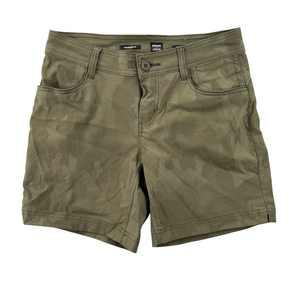 prAna Halle Shorts II Women 2 Sage Green Camo Hiking Outdoor Stretch Gorpcore